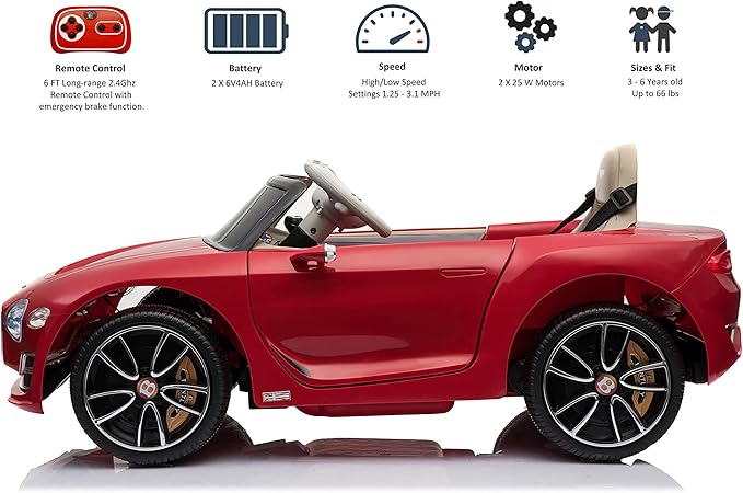 Licensed Bentley EXP12 Kids Ride on Toy Car, 12V Battery Powered Children Electric 4 Wheels w/ Parent Remote Control, Foot Pedal, 2 Speeds, Music, Aux, LED Headlights (RED)