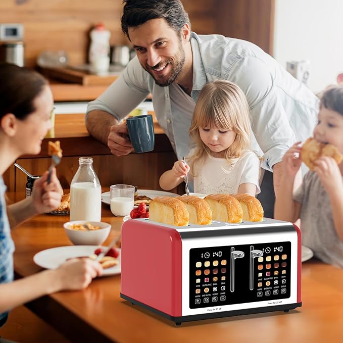 4 Slice Toaster Touch Screen, Stainless Steel Toasters Digital Timer, Dual Control Panel Toasters, 8 Shade Settings 6 Bread Types for Bagel, Cancel, Defrost 1650W Red