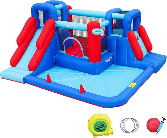 AirMyFun Bounce House,Bouncy Castle with Ball Pit,Inflatable Kids Double Slide with Air Blower, Castle Bouncer for Children Jumping Outdoor and Indoor Party