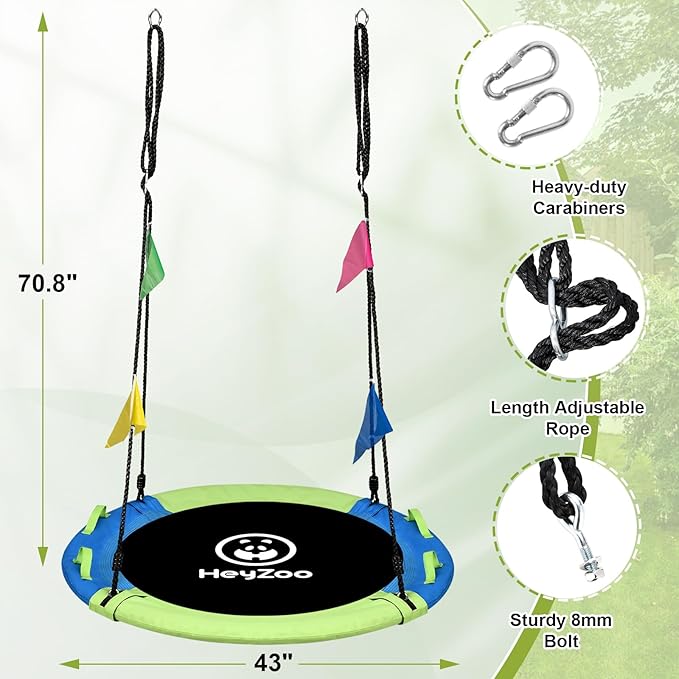 43 Inch Tree Swing, Saucer Swing Sets for Kids, Come with 360 Degree Swivel and Adjustable Hanging Strap, Green and Blue