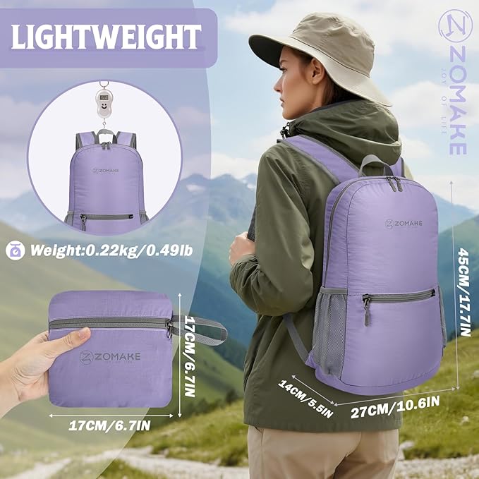 ZOMAKE Ultra Lightweight Hiking Backpack 20L - Packable Small Backpacks Water Resistant Daypack for Women Men(Lavender)