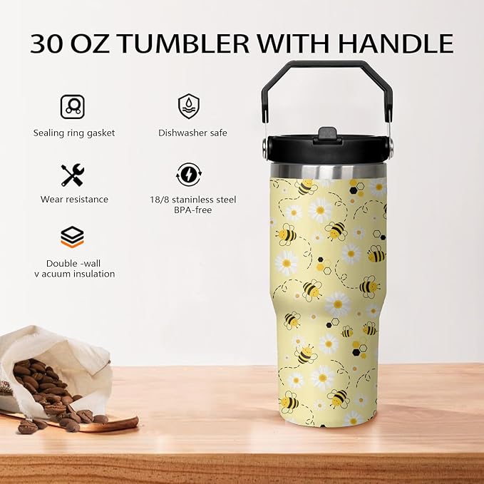 30 oz Bee tumbler With Handle Lid and Straw,Queen Bee Flip Straw Coffee Mug Cup Tumbler Water Bottles,Honey Bee themed Gifts for Women Daisy Flowers,Bee Decor
