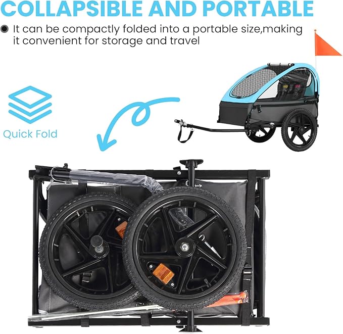 Sepnine Kids Bike Trailer, Suitable for 1 to 2 Kids, 12+ Months, Quick Attach to Bike, Foldable, with 5-Point Harness and Storage Bags