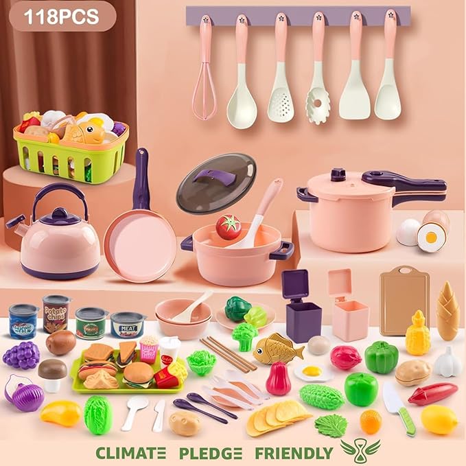 118Pcs Mini Play Kitchen Accessories for Kids, Pretend Cooking Playset with Cookware, Tableware & 2 Fruit Sets, Learning Gift for Girls, Boys, Toddlers, Pink