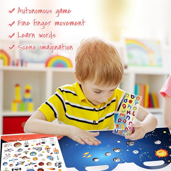 ASTARON Reusable Sticker Book for Toddlers, 88 Pcs Space Stickers Road Trip Activities Car Airplane Activities Travel Toys for Kids, Kids Quiet Time Activities (2-6 Age)