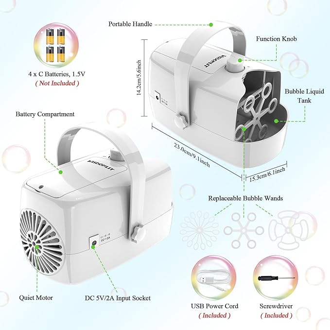 Bubble Machine, 3-in-1 Bubble Maker, Automatic Bubble Blower with 3 Bubble Wands, 8000+ Colorful Bubbles for Kids Toddlers, Operated by Plug-in or Batteries for Indoor Outdoor Birthday Party