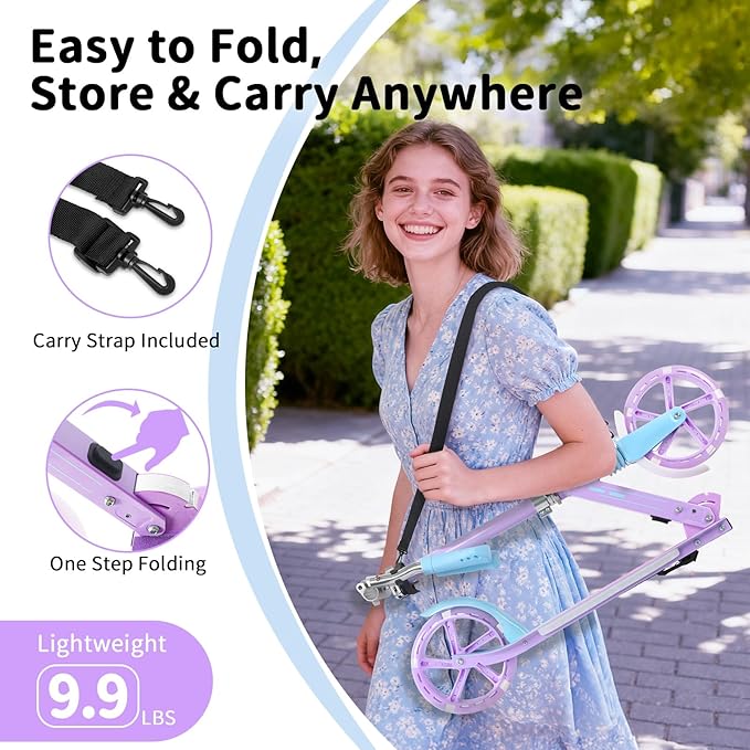 BELEEV V5 Plus Scooters for Kids Ages 6+, Teens with Light-Up Wheels & Deck, 2 Wheel Folding Lightweight Sport Scooter with 4 Adjustable Height, 8-inch Big Wheels, Carry Strap, Max Load 220 lbs