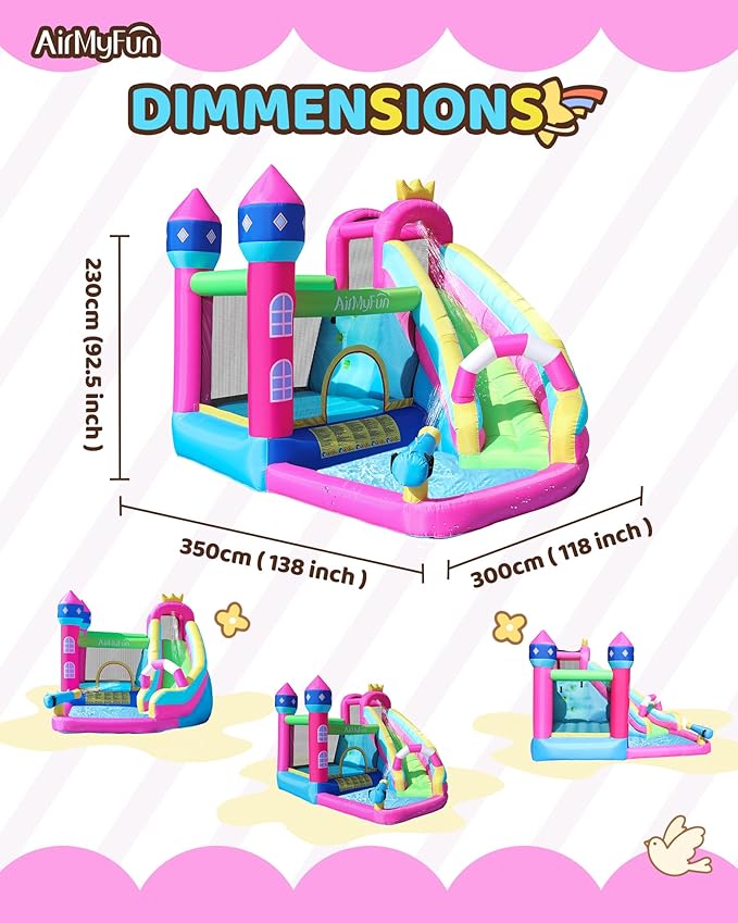 AirMyFun Inflatable Water Slide Pink Princess Bounce House for Big Kids 8-12 with Long Slide and Spray Water Gun for Kids Backyard Inflatable Bouncy Castle