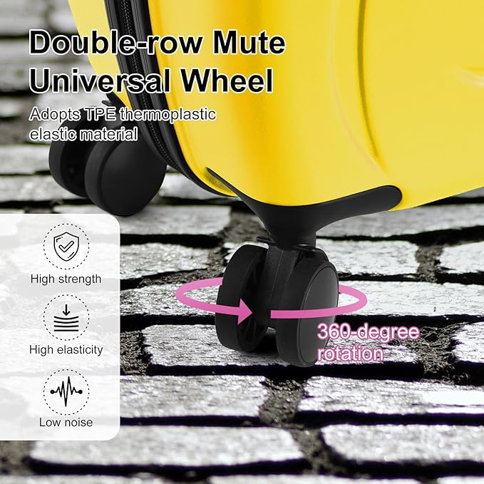 20 Inch Ride On Kids Suitcase with Wheels, Ride on Luggage with Pedal, Hardshell Kids Suitcase Adjustable Safe Harness, ABS+PC, Up To 100 Lbs, Yellow