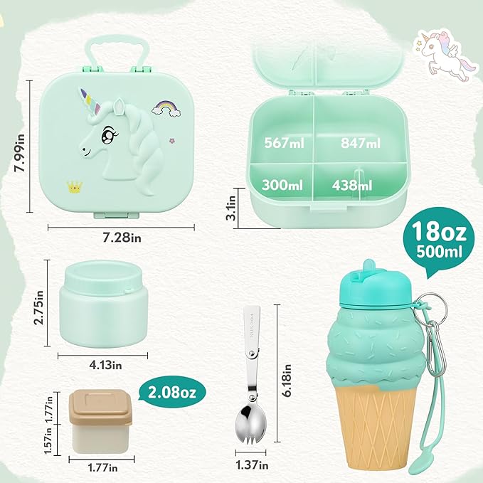 Kids Lunch Box Set -12oz Insulated Food Jar, Thermal Bag,Leakproof Lunch Food Containers Cutlery (BPA Free)-Gift for Girls/Boys Age 3-10(Green+Green Jar)