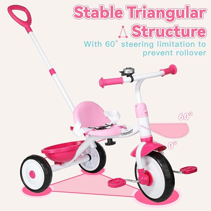Liberry 2 in 1 Toddler Tricycle Age 2 3 4 Years Old, Kids Trike with Adjustable Push Handle, Bell & Basket, 3 Wheel Bike Riding Toy Birthday for Girls Boys, Pink