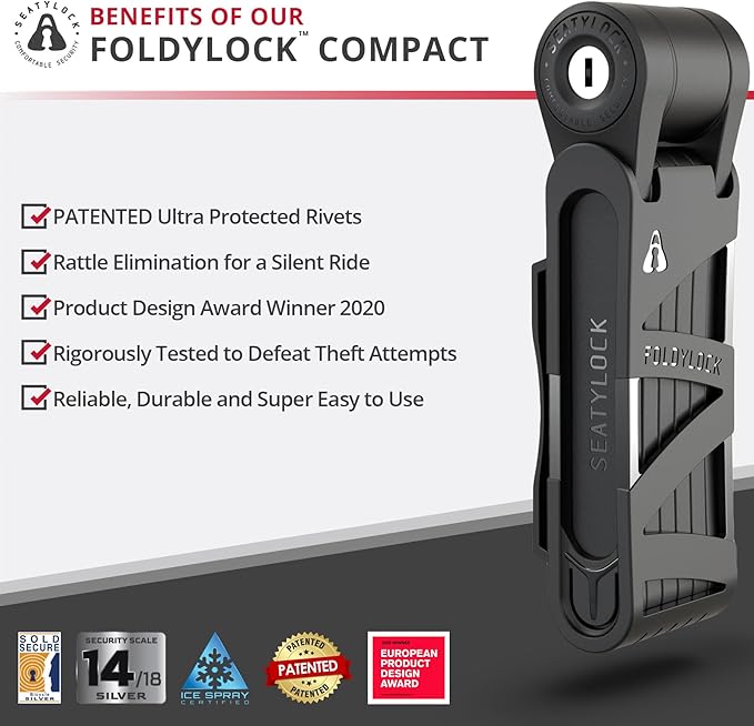 Seatylock FoldyLock Compact Folding Bike Lock - Award Winning Patented Lightweight High Security Bicycle Lock - Heavy Duty Anti Theft Smart Secure Guard with Keys & Case for Bikes or Scooters