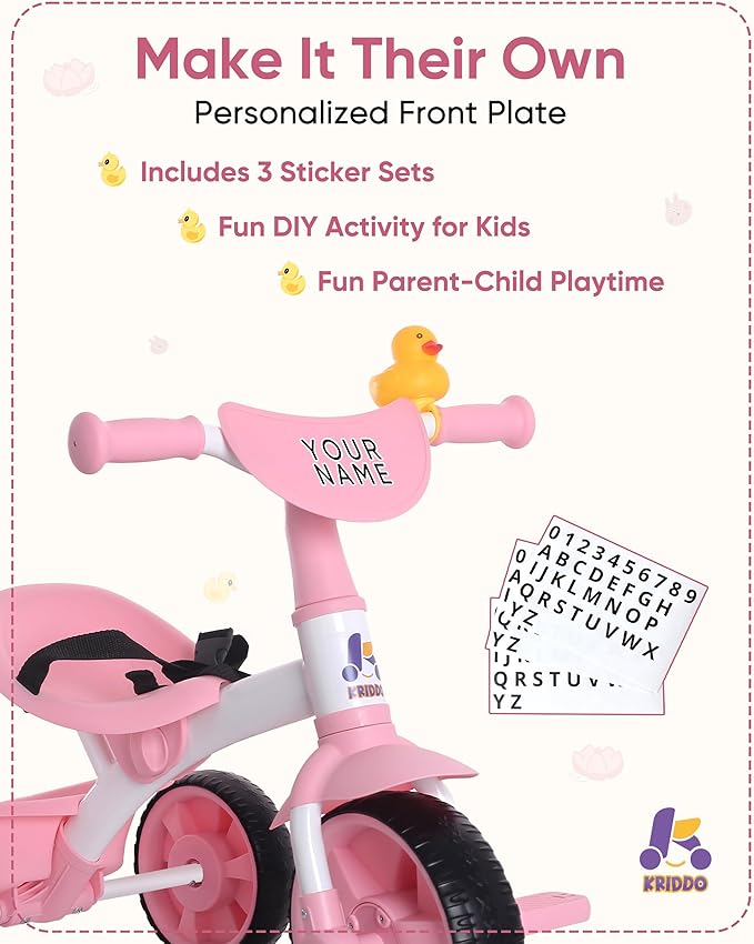 KRIDDO 2 in 1 Kids Tricycles Age 18 Month to 3 Years, EVA Wheels, Gift Toddler Tricycle, Trikes for Toddlers 2 to 3 Year Old with Push Handle, Duck Bell, Pink