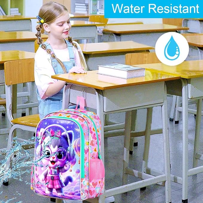 CCJPX 3Pcs Cat Backpack for Girls, 16” Kids Bookbag with Lunch Box, Water Resistant Elementary School Bag for Kindergarten Preschool Toddler (Pink)