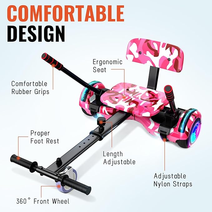 Scooter with Seat Attachment for Kids Adults, 6.5'' 8.5''Balancing Scooter with Bluetooth Speakers & Colorful LED Light with Kart