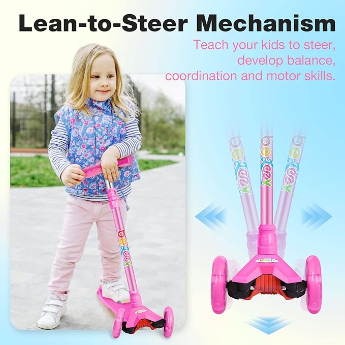 BELEEV Scooters for Kids 3 Wheel Kick Scooter for Toddlers Girls Boys, 4 Adjustable Height, Lean to Steer, Light up Wheels, Extra-Wide Deck, Easy to Assemble for Children Ages 3-12 (Rose Pink)