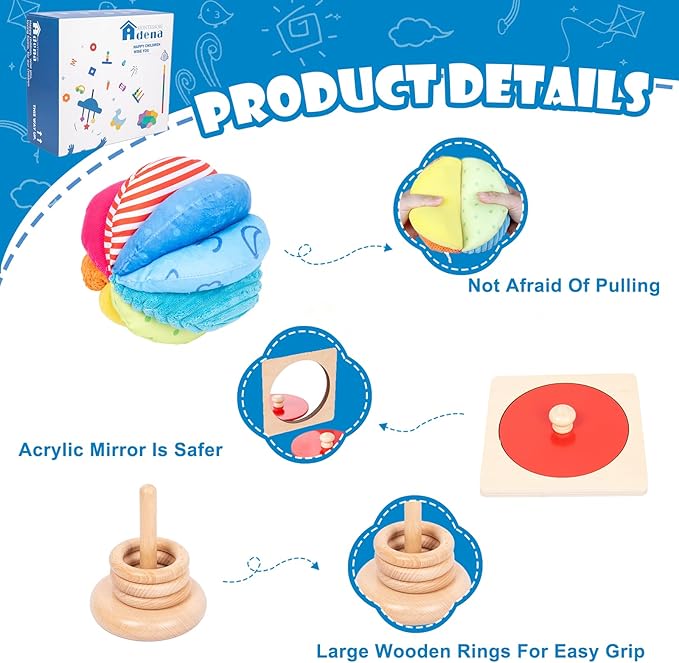 Adena Montessori Play Kit for 5-6 Months Baby,8 in 1 Learning Educational Toys for Toddler,Include Rainbow Spining Drum,Mirror Puzzle,Baby Tissue Box and More,Christmas Birthday Gift for Boys Girl