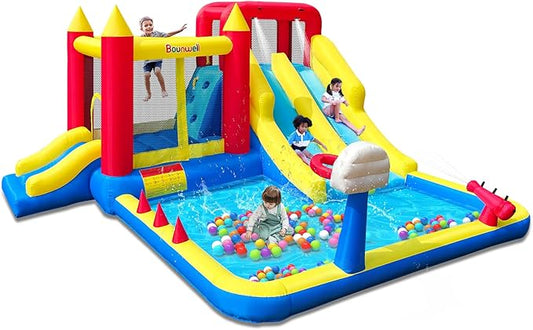 Inflatable Bounce House with Double Slide, Water Bounce Castle with Slide,Water Slide with Splash Pool, Water Cannon, Climbing Wall, Basketball Hoop, Backyard Water Slide for Kids