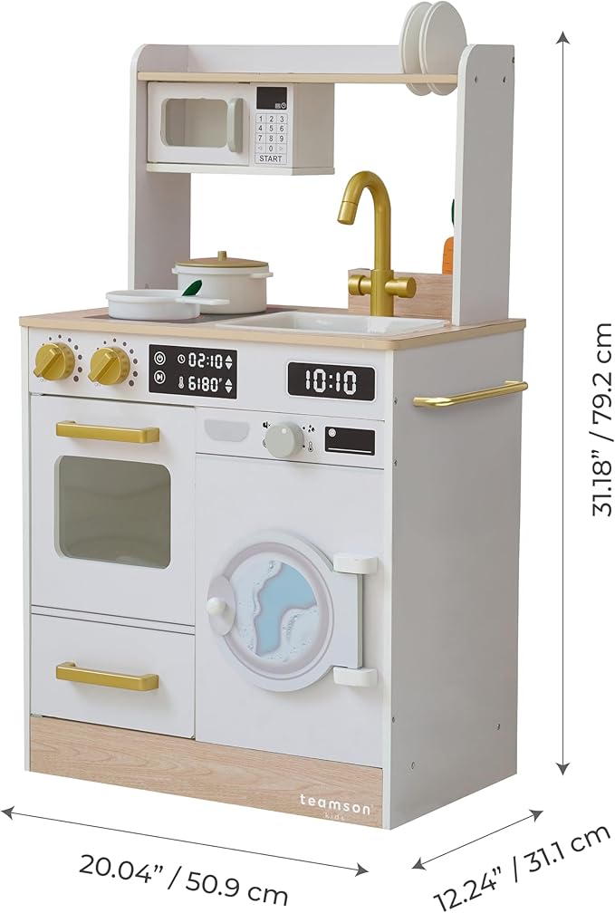 Teamson Kids Little Chef Lake Tahoe Smart Play Kitchen with Washing Machine, Oven, Microwave & Ample Storage, Neat & Compact Healthy Play for Age 3+, White