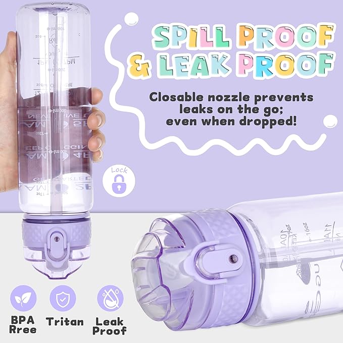 OLDLEY 17oz Kids Water Bottle for school Girls Boys, Motivational Water Bottles With Silicone Straw, Leak-Proof Tritan BPA-Free, Reusable water bottles for kids, Amethyst