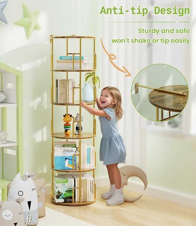 5 Tier Round Rotating Bookshelf Tower Gold,62” Tall Space Saving Spinning Bookshelf with Anti-Tipping Design,Metal Standing Revolving Bookcase Stackable for Small Spaces,Study,Living Room