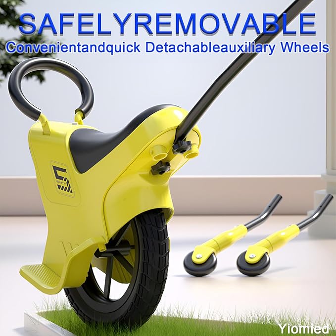 12in Hand Push Unicycle for Kids, Light Unicycle Bikes with Light/Handrails/Auxiliary Wheels, Parent-Child Unicycle Bike, Unicycle Balance Bikes, Kids Unicycle Bicycles (Yellow)