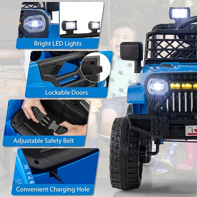 Costzon Kids Ride On Truck, 12V Battery Powered Electric Vehicles w/Remote Control, Spring Suspensions, 3 Speeds, Music, Lights, Wireless Connection, Ride on Car for Boys & Girls 3+ (Navy Blue)