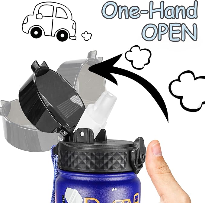 GOPPUS Kids Water Bottle (Straw Lid) - 18 Oz Stainless Steel Travel Bottle, Double Wall Vacuum Leak Proof Kids Cup for School Boys Girls,Blue engineering car