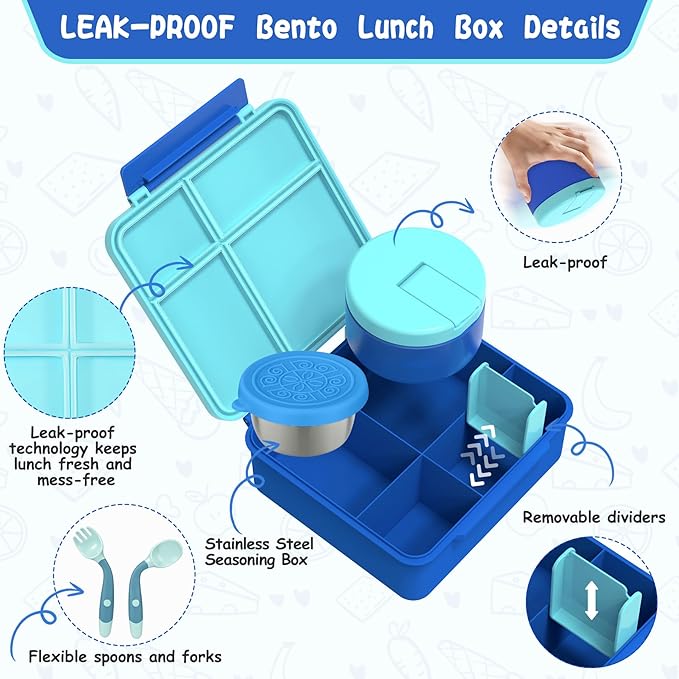 Kids Bento Lunch Box with 8oz Soup Thermo, Kids Leakproof Lunch Food Containers with 4 Compartment,Insulated Hot Food Jar with Lunch Bag for School, Travel (Blue)
