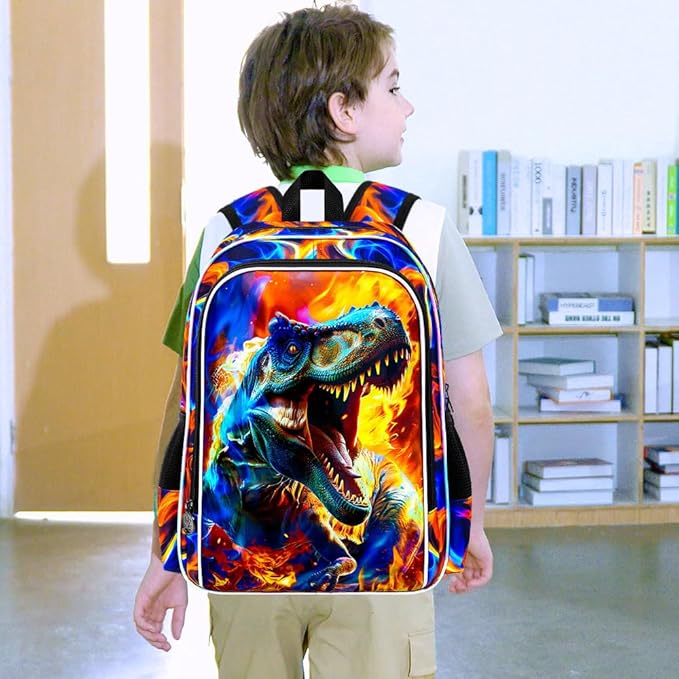 17" Dinosaur Backpack for Boy, 3Pcs Fire Bookbag for Elementary Preschool Kindergarten, Kids School Backpacks with Lunch Box (Red)