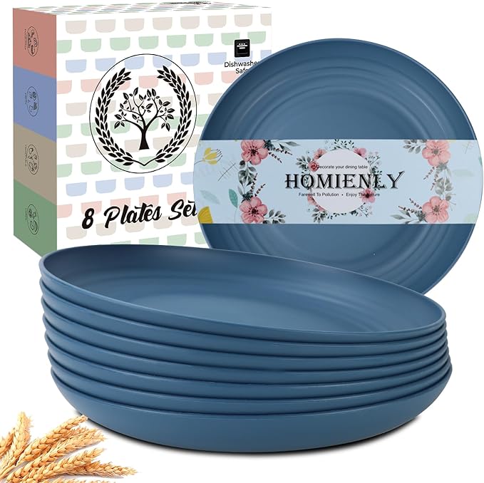 Homienly Dinner Plates Set, Alternative to Plastic Plates,Wheat Straw Plate Set of 8,Lightweight Microwave and Dishwasher Safe Plate,Unbreakable Salad Plates for Kitchen, Camping (Blue,10 inch)