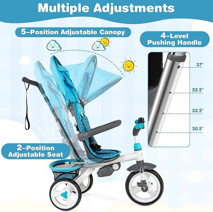 Costzon Tricycle for Toddlers, 6 in 1 Trike w/Parent Handle, Adjustable Canopy, Storage, Safety Harness & Wheel Brakes, Baby Push Tricycle Stroller for Kids Boys Girls Aged 9 Month-5 Years Old, Blue