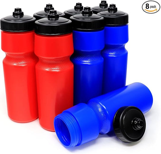 Rolling Sands USA Made 24 oz Sports Squeeze Water Bottles, 8 Pack, BPA-Free, Easy Drink One Way Flow Valve, Fits Most Bike Cages, Dishwasher Safe, Durable, Reusable and Lightweight, Red/Blue