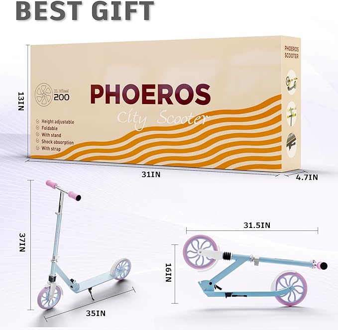 PHOEROS Kick Scooter for Kids Ages 6-12,Teens & Adults, Youth. Lightweight Aluminum Kick Scooter for Teens Adults Boys Girls with 8 inch Big Wheels, Foldable, 3 Height Adjustable, Shock Absorption.