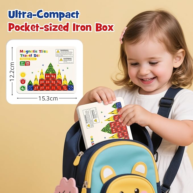 Magnetic Tile Mini Diamond Set Travel Size Magnetic Building Toys with Iron Case, Kid's Travel Essential On-The-Go Magnet Construction Toy Set STEM Development Kit Ages 3+, 26-Piece