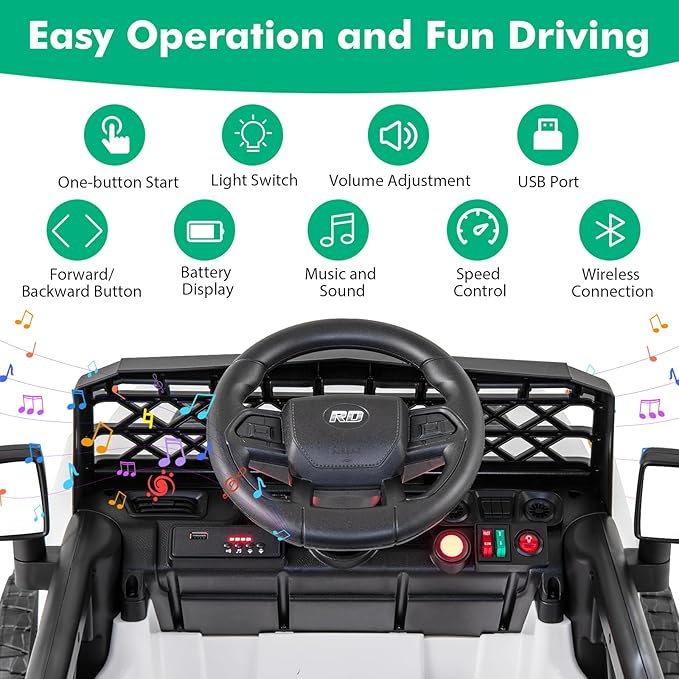 Costzon Kids Ride On Truck, 12V Battery Powered Electric Vehicles w/Remote Control, Spring Suspensions, 3 Speeds, Music, Lights, Wireless Connection, Ride on Car for Boys & Girls 3+ (White)