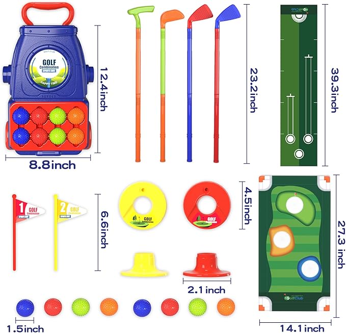 QDRAGON Kids Golf Clubs, 2 in 1 Toddler Golf Set with 8 Balls/Cornhole Board & Putting Mat/Golf Cart with Wheels, Indoor Outdoor Sport Toys Gifts for Boys Girls Ages 3 4 5 6+, Blue