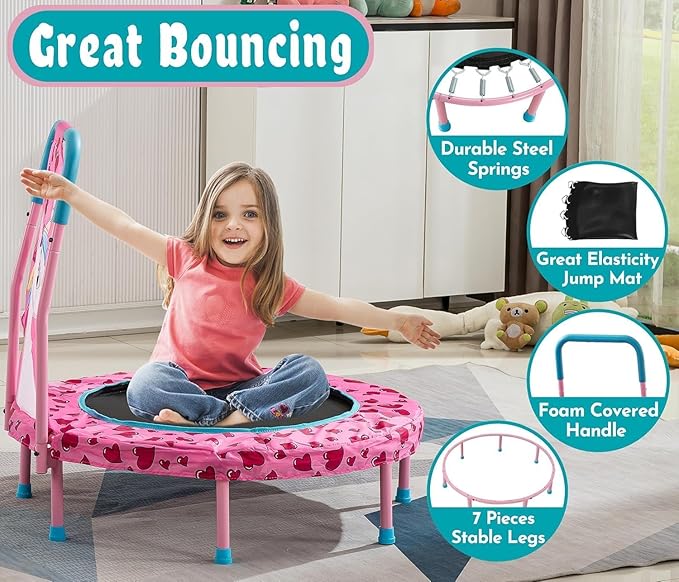 36 Inch Toddler Trampoline with Handle, Outdoor Indoor Trampoline for Kids, Mini Trampolines with Handlebar, Gifts for Boys and Girl, Small Kid Baby Trampolines