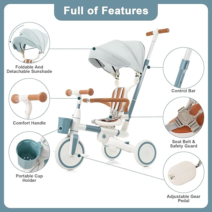 Foldable Kids Tricycle with Adjustable Pedals, Removable Canopy & Cup Holder Safe, Portable Toddler Bike Age 18-72 Months