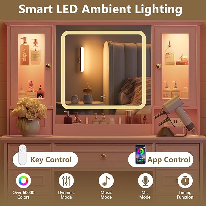 43'' Makeup Vanity with Mirror and Lights, Farmhouse Vanity Desk with Drawers & Charging Station, 3 Lighting Modes & Adjustable Brightness, Glass Cabinet, Dressing Table for Bedroom, Pink