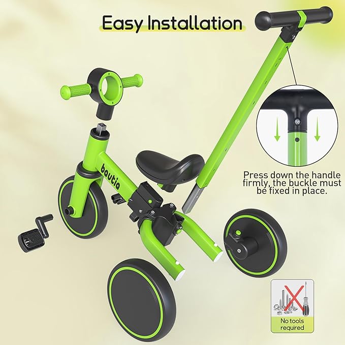 Kids Tricycle for Toddlers 1-3 with Push Handle, 5 in 1 Baby Balance Bike for 1-4 Years Old Boys Girls Gift with Removable Pedals (No Parent Steering Version)