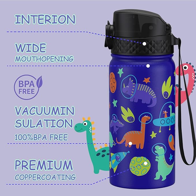 GOPPUS Kids Water Bottle (Straw Lid) - 14 Oz Stainless Steel Travel Bottle, Double Wall Vacuum Leak Proof Kids Cup for School Boys Girls,Blue Space dinosaur