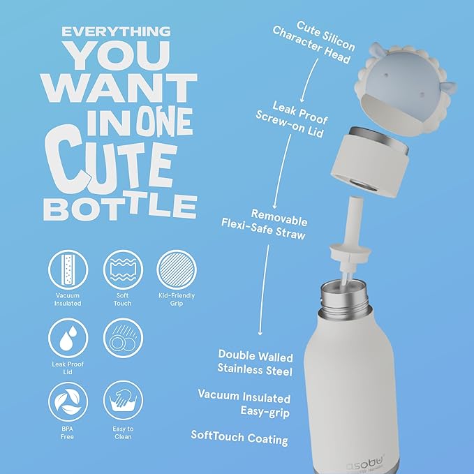 asobu Bestie Bottle Insulated Stainless Steel Water Bottle with Detachable Soft Animal Head Fun Drinking For Kids and Teens with Flexible Reusable Straw 16 Ounce (Sheep)