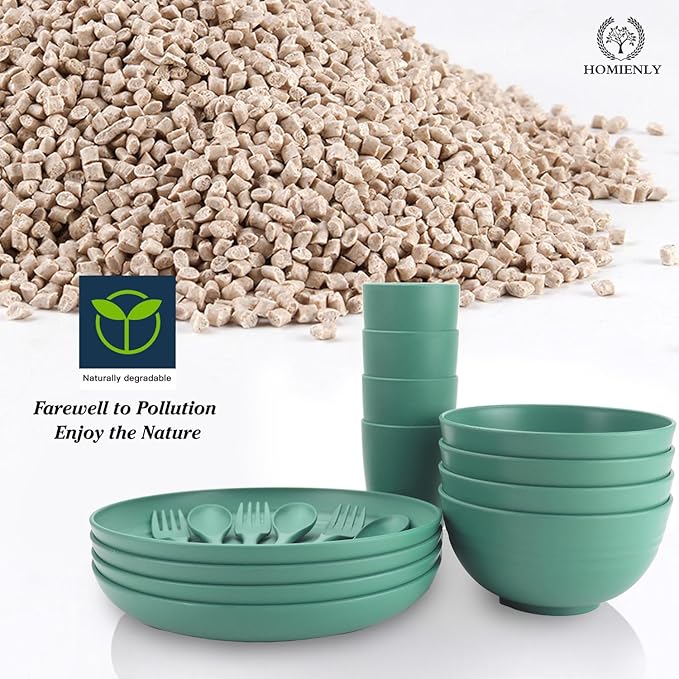 Wheat Straw Dinnerware Sets, Homienly 20pcs Unbreakable Microwave Dishwasher Safe Tableware Lightweight Bowls, Cups, Plates Set Reusable Dinner Plates Bowls set (Green)