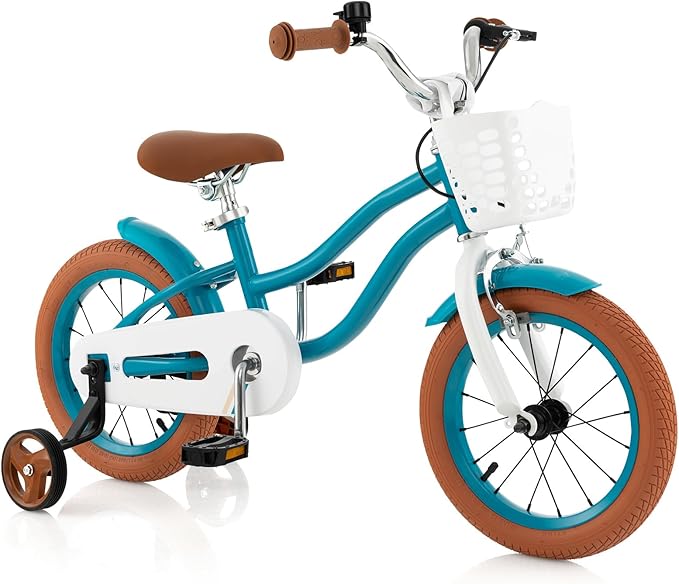 COSTWAY Kids Bike, 12 14 16 18 Inch Toddler Bike Children Bicycle w/Training Wheels, Hand & Coaster Brakes, Adjustable Saddle & Handlebar, Basket, Bell, Kids Bicycle for Girls Boys Aged 3-8 Years Old