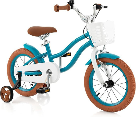 COSTWAY Kids Bike, 12 14 16 18 Inch Toddler Bike Children Bicycle w/Training Wheels, Hand & Coaster Brakes, Adjustable Saddle & Handlebar, Basket, Bell, Kids Bicycle for Girls Boys Aged 3-8 Years Old