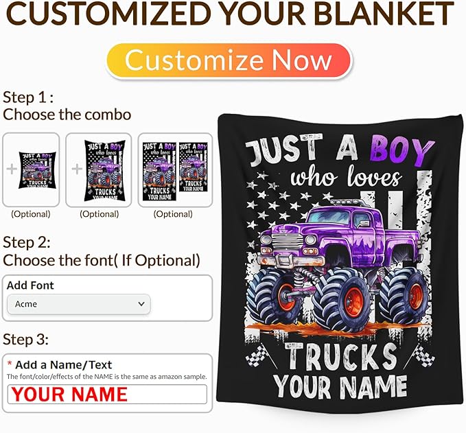 Personalized Truck Blanket for Kids Teens Boys - 40x50 Inches Cute Truck Throw Blanket Gifts for Truck Lovers - Custom Black Soft Fuzzy Car Stuff Decor for Couch Bed Sofa