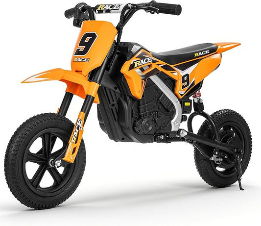 24V Electric Dirt Bike for Kids, 250W Electric Motorcycle Up to 11 MPH & 10 Miles Long-Range, Twist-Grip Throttle, 12" Knobby Tires, Spring Suspension, Music, Orange (Without Cover)