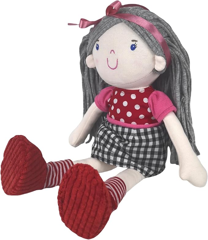 13” Soft Baby Doll Toy, Plush Rag Doll Featuring Gray Flowing Hair, Pink Headband, Polka - Dot & Checkered Dress, Ideal Stuffed Toy for Kids' Gifting & Play