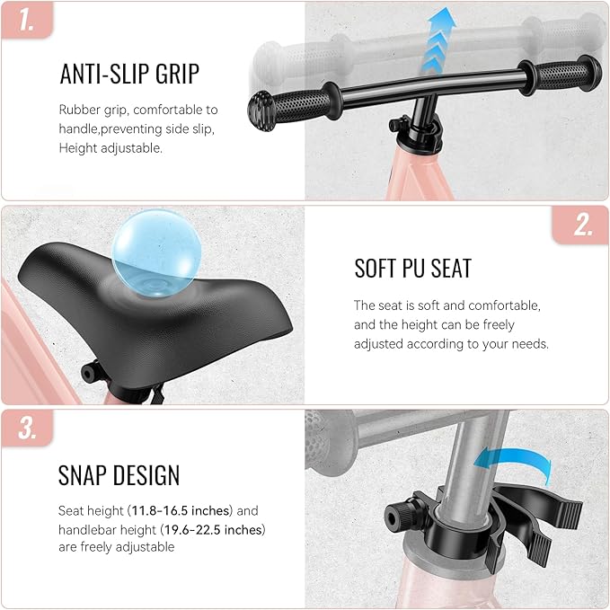 SEREED Toddler Balance Bike 2 Year Old, No Pedal Kids Bicycle Toys for 2-5 Years Old, Tool-Free Adjustment, Customize Plate with Stickers, Gift for 2-3 Boys Girls (Pink Lighting)